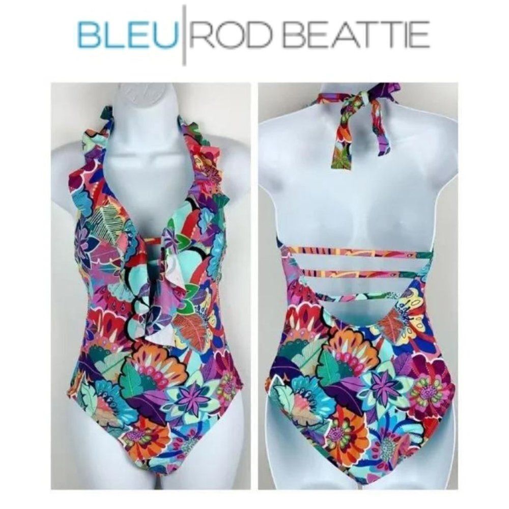 BLEU Rod Beattie plunging lace up Make it Pop ruffle One Peace Swimsuit sz 10
